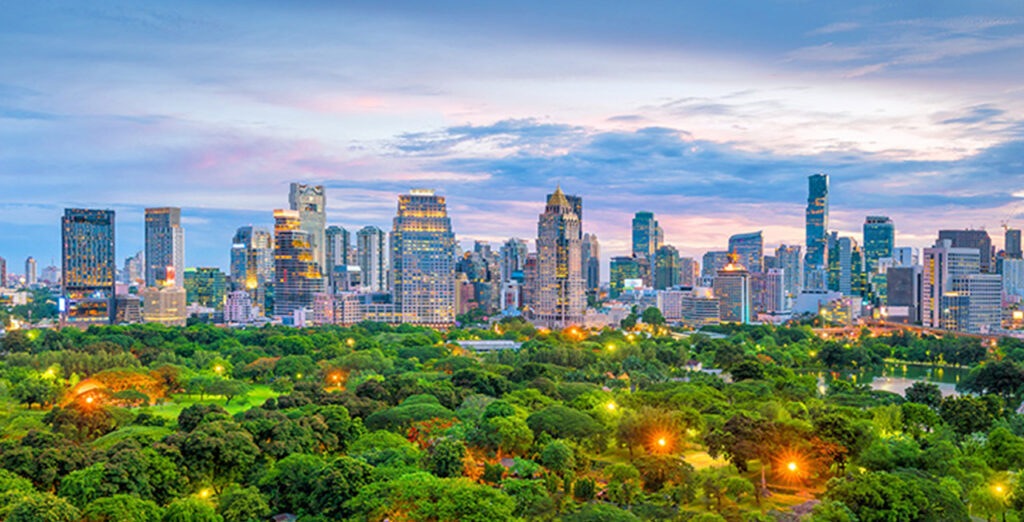 Skyline of a city at dusk