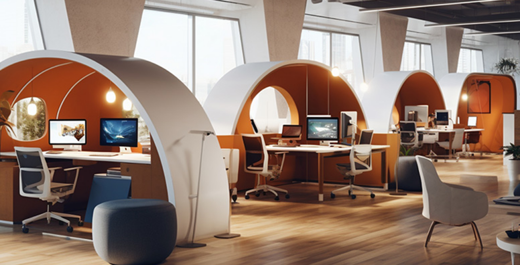 Modern office space with high tech curved cubicles
