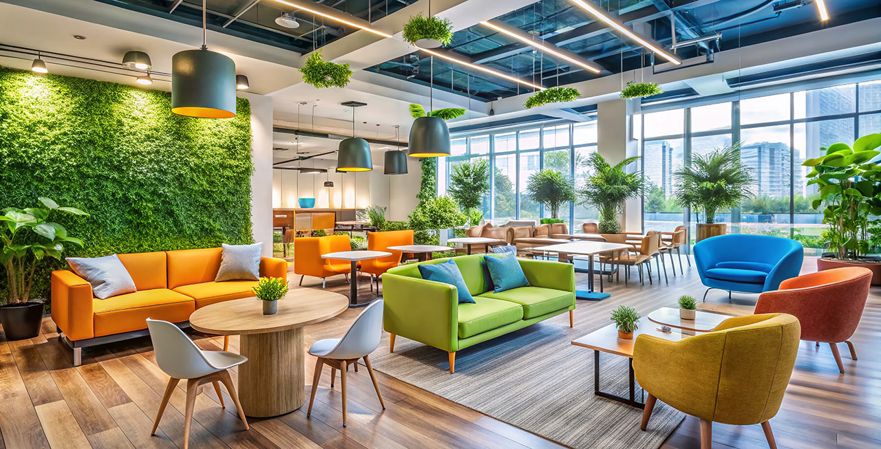 an inviting workplace with abundant greenery and colorful chairs