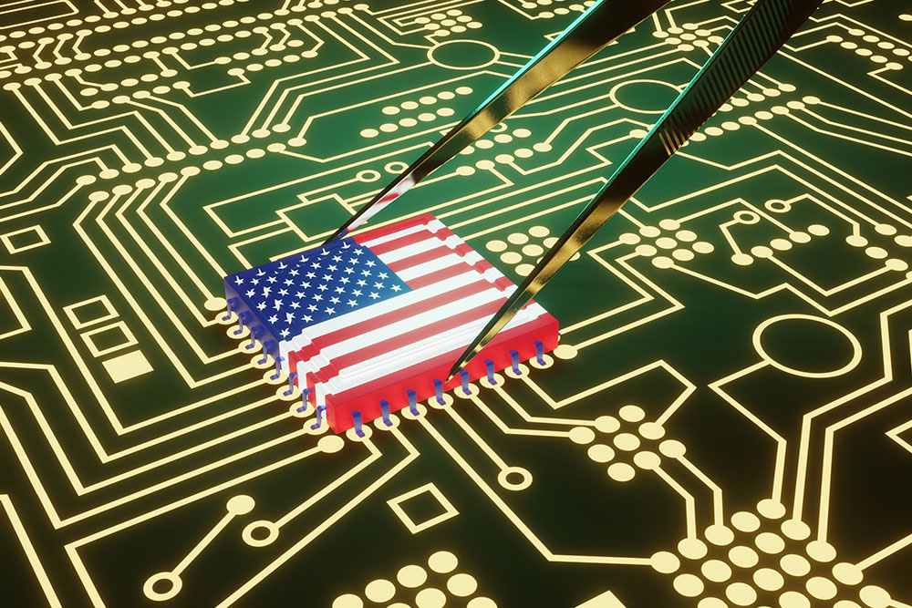 an image of a US flag as a computer chip on a memory board