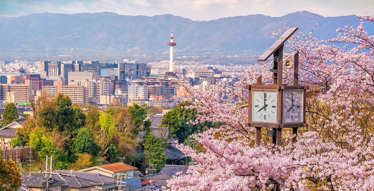 the kyoto skyline featuring a clock and cherry blossoms in bloom