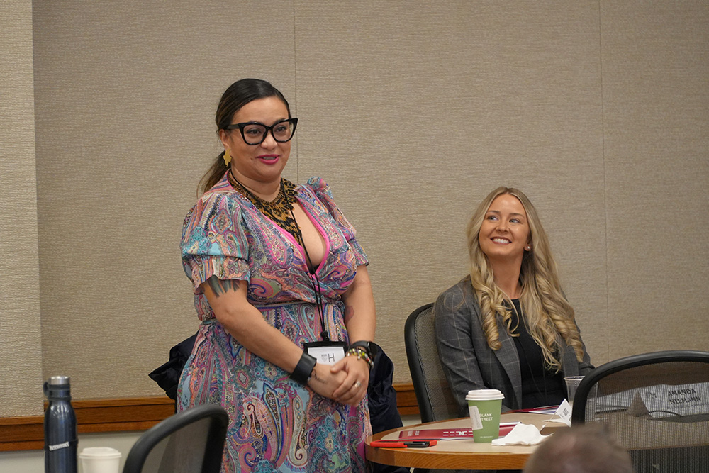 an image of Andrea Briceno speaking in class