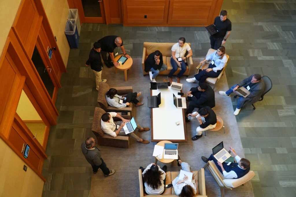 a group of professionals in active discussion