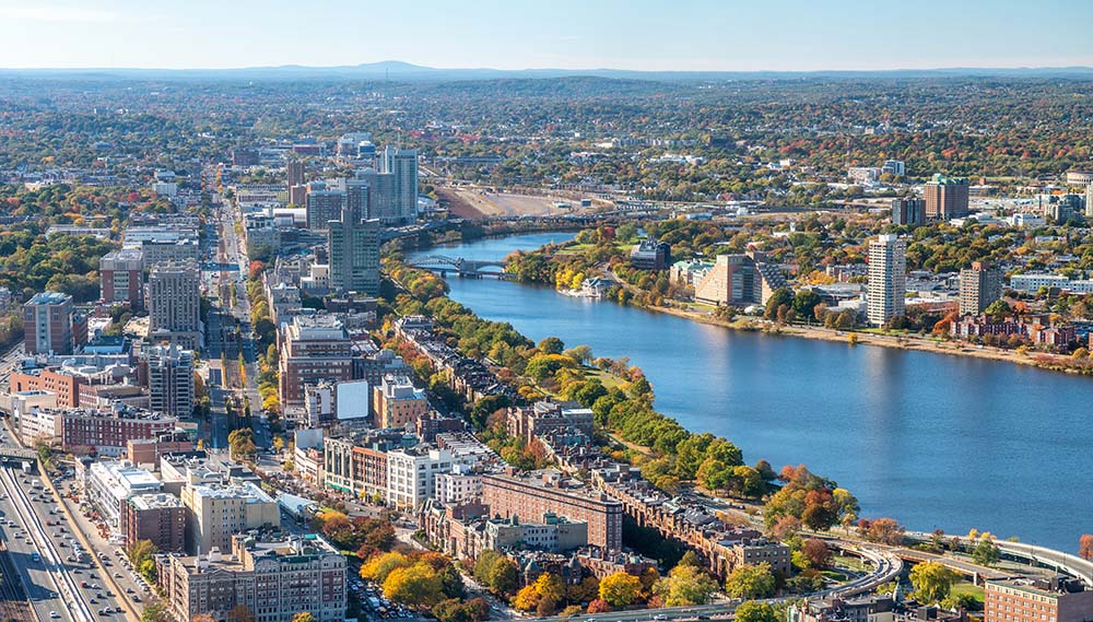 a aerial shot of the city of Boston